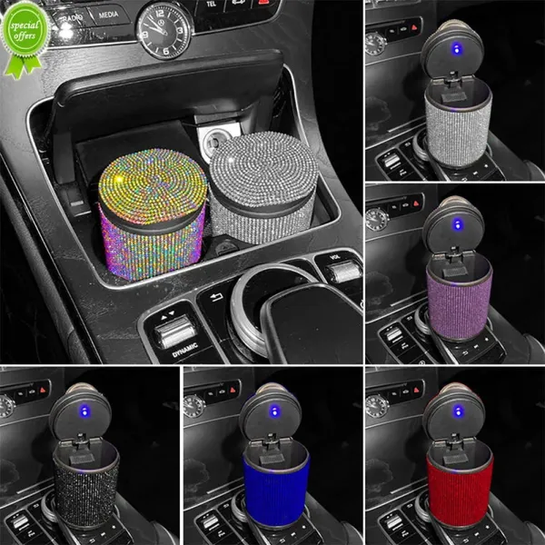 Cenicero portátil para coche de lujo con luz LED, bandeja de ceniza de diamante de cristal con cubierta, decoración automática, accesorios de coche ostentosos para mujeres al por mayor