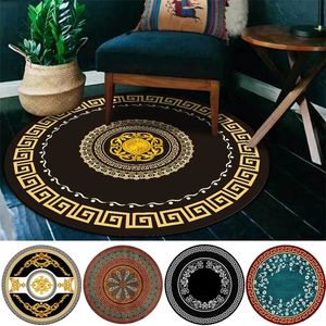 Alfombra de lujo para sala de estar, alfombras redondas de estilo étnico geométrico europeo en negro, blanco y dorado para decoración de dormitorio, alfombrilla para silla de casa 220301