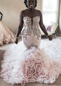 Robe de mariée sirène de luxe à volants en cascade, cristaux chérie, corset perlé, dos nu, longue traîne, robes de mariée africaines, 2024