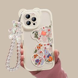 Luxe cases 3D Bear oor bloem transparante hang telefoonketen siliconen hoesje voor iPhone 13 11 14 pro max 12 xr x xs beschermende heldere zachte hoes