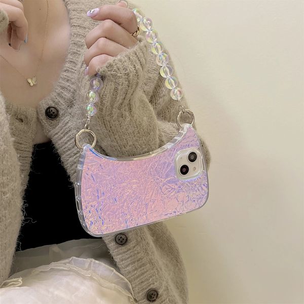 Étuis de luxe Ins Coréen Perles Bracelet Underarm Bag Dazzle Gradient Laser Pleat Case pour iPhone 14 13 12 11 Pro Max plus Mignon Housse de sac à main
