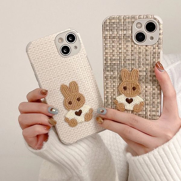 Étuis de luxe Dessin animé coréen 3D Lapin en peluche Tissage Treillis Étui souple pour iPhone 14 Pro Max 13 12 11 X XS XR 7 8 Plus SE3 MiNi Couverture en silicone