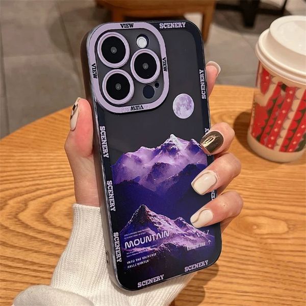 Estuches de lujo Snow Mountain Sunset Phone Case para iPhone 14 13 12 11Pro Max XR X XS Max 14Plus Soft Bumper a prueba de golpes Acrílico Clear Back Cover