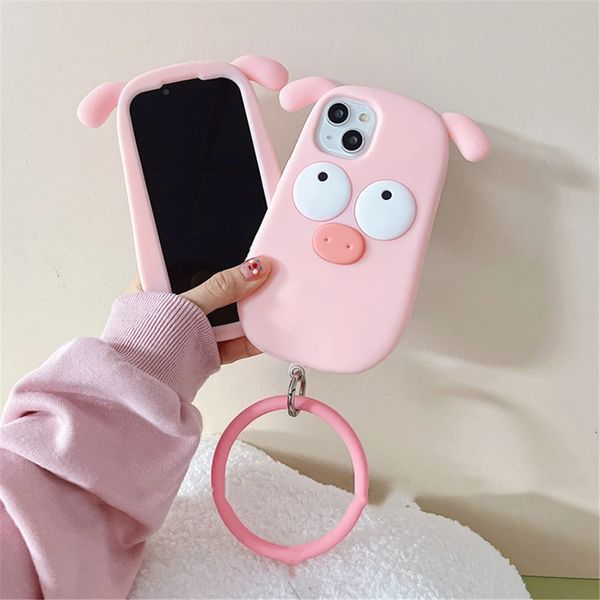 Étuis de luxe Super drôle 3D grands yeux rose cochon bracelet étui de téléphone en silicone pour iphone 14 Pro Max 11 12 13 Xs Xr 7 8 plus X Se couverture