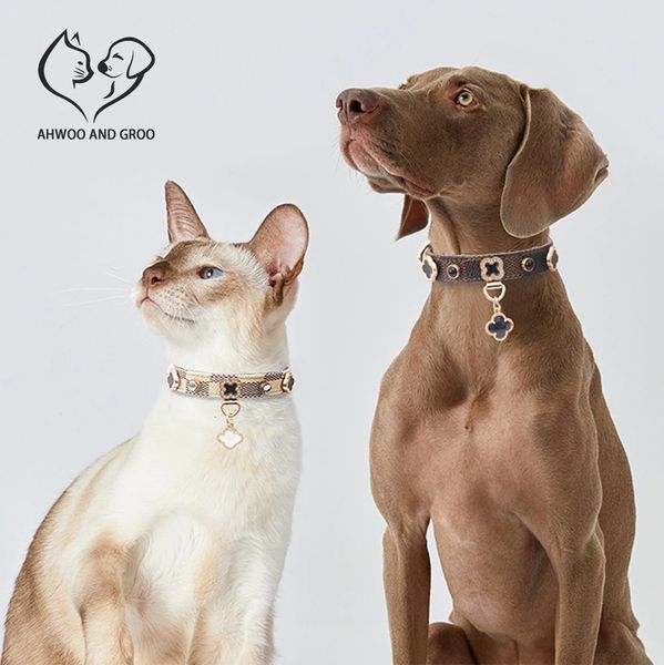 Collier de chat de luxe trèfle porte-bonheur collier pour animaux de compagnie en cuir PU réglable chien petit moyen accessoires Perro fournitures 240226