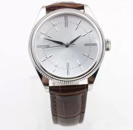 Luxury Cellini 50509 Mechanical Leather Mens Silver Watch Brown Strap Series Automático Mechaincal Silver Dial Hombres Relojes Relojes de pulsera masculinos