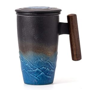 Tasse de thé à bulles en céramique de luxe Vintage grande tasse à café thermique tasses de petit déjeuner vaisselle de bière poignée en bois cadeaux personnalisés 231228