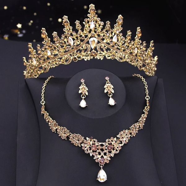Luxury Champagne Crystal Bridal Crown Jewelry Set Princess Queen Tiaras Prom Bride Wedding Boucles d'oreilles Dubaï Collier Fashion 240419