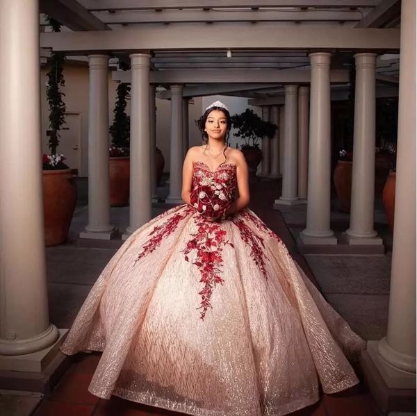 Vestido de quinceañera con lentejuelas doradas y champán de lujo con apliques de encaje burdeos Corsé de novia Brillo Princesa Vestido de fiesta Dulce 16 Vestidos Vestidos 15 años