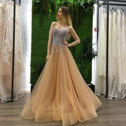 Luxe champagne lange prom jurk 2023 een lijn avondje feestjurk lieverd backless kristallen formele vrouw optocht gewaad de soiree