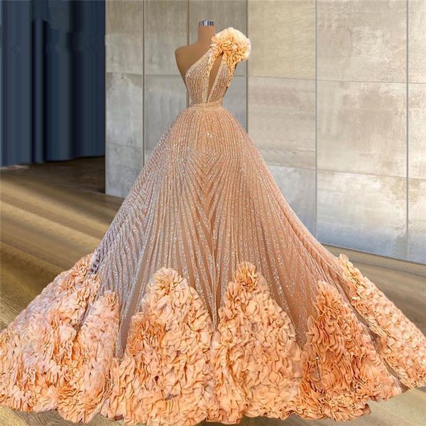 Champagne de lujo Vestidos de baile Un hombro Volantes magníficos Bling Lentejuelas Vestido de noche Couture Dubai Árabe Vestidos famosos Vesti320Q