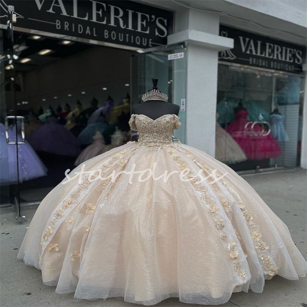 Luxo champanhe quinceanera vestidos com flores 3d fofo vestido de baile baile frisado vestidos de xv anos dezesseis festa de aniversário halloween doce quinze vestido 2024