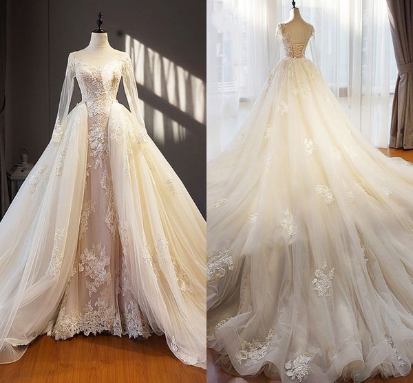 Capela de luxo vestidos de casamento trem destacável com pura manga longa colher renda apliques contas lantejoulas rendas vestidos de noiva feitos sob encomenda