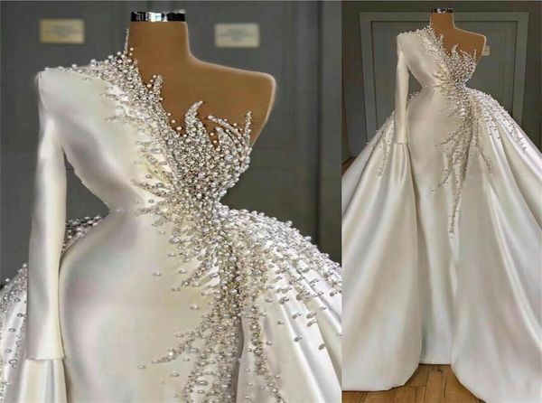 Robes De mariée chapelle De luxe en Satin perlé, robes De mariée une à manches longues, avec traîne De balayage9029381
