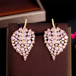 Charme de luxe AAA zircon cubique rose diamant feuille boucle d'oreille concepteur pour femme fête cuivre S925 argent Sterling post sud-américain mariée mariage or boucles d'oreilles cadeau