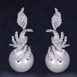 Luxe charme parel oorbel ontwerper voor vrouw aaa cubic zirconia verzilverd Zuid-Amerikaanse water drop witte diamant oorbellen sieraden voor vrouwen tiener meisjes gift