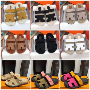 Luxe chypre sandalen ontwerper mannen vrouwen tweede oom slippers herfst winter mode plat leer pluche hoogwaardige casual slippers maat 35-45