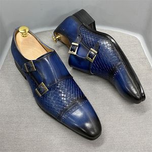 Luxe classique hommes robe de mariée chaussures noir bleu véritable cuir de vache moine boucle sangle bout pointu Oxford mocassins chaussures pour hommes 220727