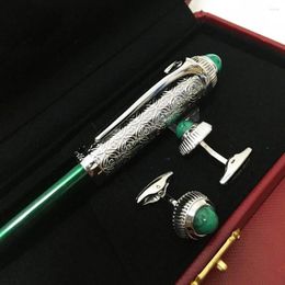 Stylo à bille de luxe classique en cuir blanc et noir, laque verte, pour cadeau, papeterie, argent et or, écriture lisse