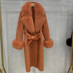 Luxe jas 2023 Dubbele borst riem Coate manchet Nieuwe dameswol en kasjmier gemengde jas True Fox Burar Fashion Winter Jacket 231218