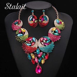 Ensembles de bijoux de luxe en plumes de cristal colorées, collier, boucles d'oreilles, strass, accessoires de bijoux de mariage pour femmes, H1022