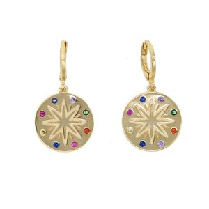 Pendiente de circonia cúbica de color dorado con moneda redonda de colores de lujo para mujer, arcoíris CZ grabado, estrella del norte, estilo bohemio, regalos de joyería de moda