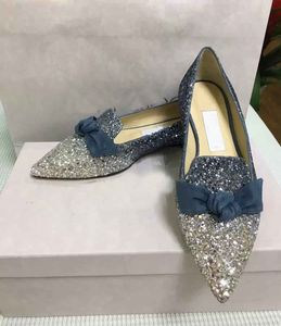 Sandalias planas de Ballet con purpurina y comodidad de lujo, mocasines sexis con lazo en punta para mujer, sandalias para fiesta de boda nupcial