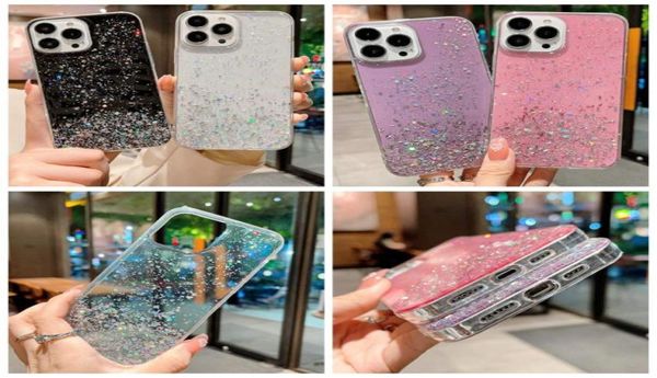 Étuis de luxe en TPU souple avec confettis et étoiles à paillettes pour Iphone 14 Plus Pro Max 13 12 11 XR XS X 8 7 6 Bling Shinny Foil Glitter Starry Tran3791655