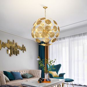 Lustre en cuivre de luxe chambre feuille de lotus lampe suspendue ronde salle à manger salon éclairage projet luminaires