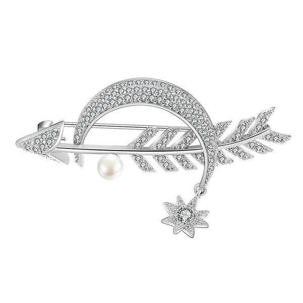 Broches de luxe en cuivre en forme de flèche de lune, Corsage couleur argent étoile simulée perle de mariage, broche de mariée, Clip de collier