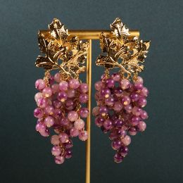 Luxe verkoperde echte gouden antieke oorbellen paarse druif 925 zilveren naald lange luxe prachtige delicate handgemaakte kralen persoonlijkheid oorbellen