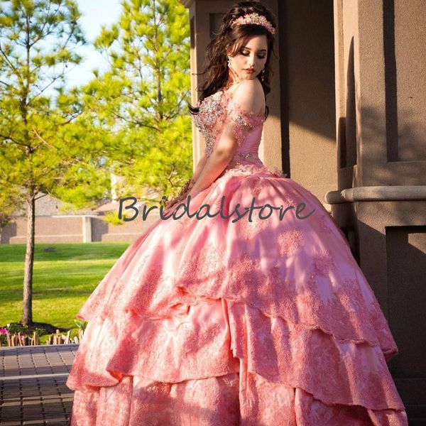 Luxe corail rose Quinceanera robes mexicain hors de l'épaule strass perlé Pageant robe formelle 2020 princesse douce 16 robe pour le bal