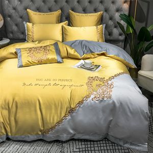 Coton de luxe 4pcs Housse de couette Drap de lit Taie d'oreiller tache lit Blanc Filles Broder Or Roi Reine Belle Ensemble de Literie Noble Palais Royal Lit