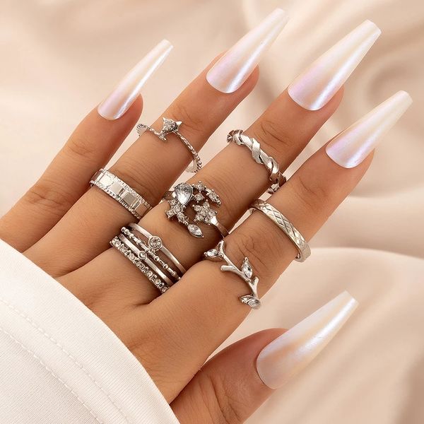 Luxury Creative Crystal Feuilles Vine 7pcs / Ring Set For Women Charming Flowers Fleurs argent￩es G￩om￩trie des bijoux G￩om￩trie