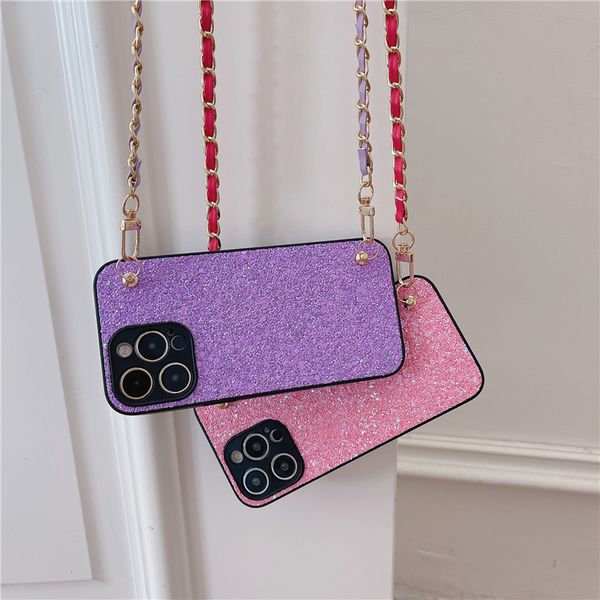 Luxe Crossbody Glitter Vogue Phone Case pour iPhone 14 13 12 11 Pro Max Durable Slim Lanyard Full Protective Soft Bumper Sparkle Back Cover Antichoc