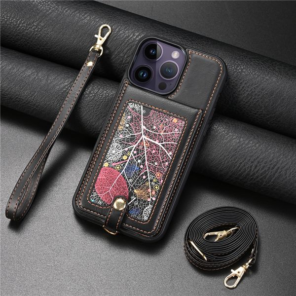 Funda de lujo para teléfono Crossbody Graffiti Vogue para iPhone 15 Plus 14 13 12 11 Pro Max XR XS Elegante cordón ajustable Múltiples ranuras para tarjetas Soporte de billetera de cuero Contraportada