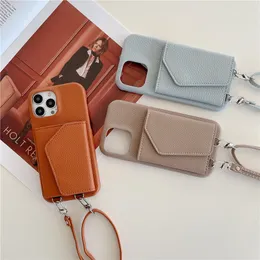 Étui de téléphone de luxe à bandoulière Litchi Grain Folio Vogue pour iPhone 15 Plus 14 13 Mini 12 11 Pro Max XR XS Plusieurs emplacements pour cartes Portefeuille en cuir Pochette arrière avec miroir