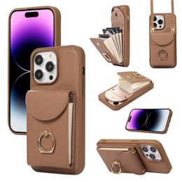 Funda de teléfono Vogue con patrón de Litchi cruzado de lujo para iPhone 15 14 13 12 11 Pro Max Correa de hombro duradera Protección completa Múltiples ranuras para tarjetas Cartera de cuero Contraportada