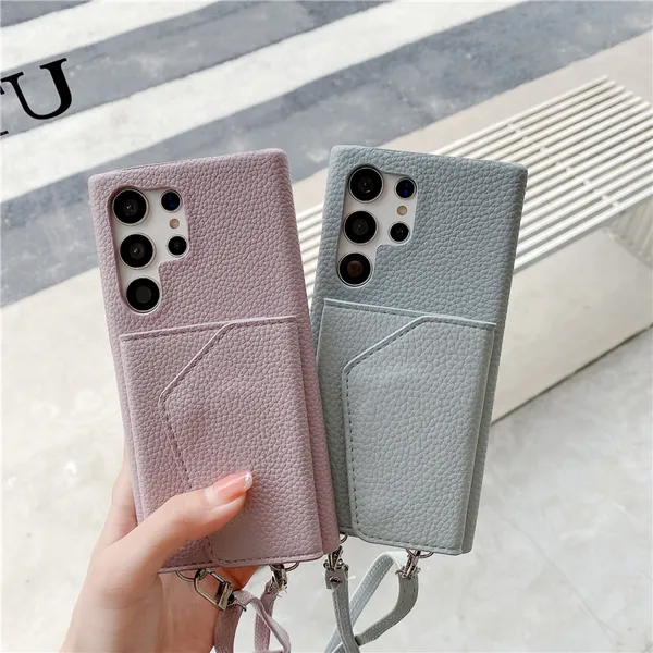 Étui de téléphone de luxe à bandoulière magnétique Lychee Print Folio Vogue pour iPhone 14 13 Mini 12 11 Pro Max XR XS 7 8 Plus Fentes pour cartes durables Portefeuille en cuir solide Embrayage Couverture arrière