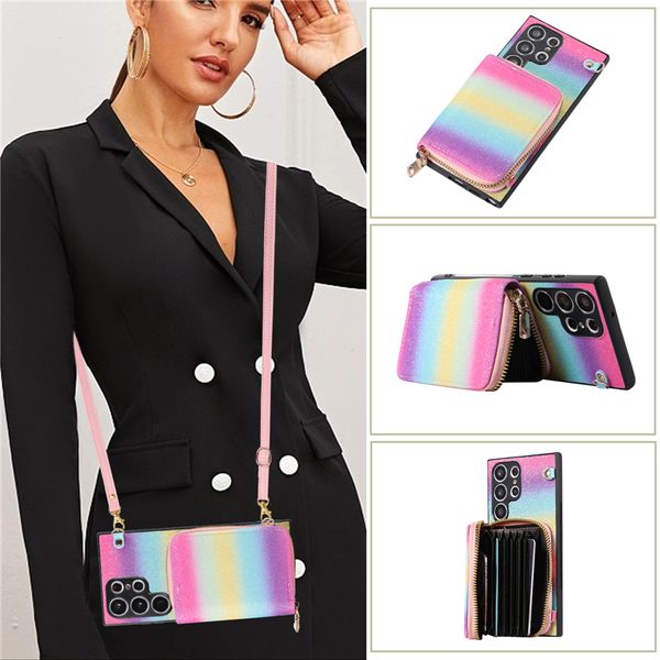 Luxe Crossbody Shiny Folio Zipper Vogue Phone Case pour iPhone 14 13 Pro Max Samsung Galaxy S22 Ultra S23 S21 A14 A23 A33 A53 A24 A34 A54 A73 5G Glitter Wallet Chain Shell