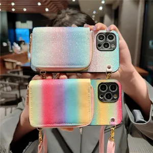 Lujo Crossbody Sparkle Rainbow Folio Vogue Phone Case para iPhone 14 13 12 11 Pro Max Samsung Galaxy S22 S21 Ultra S23 Plus A24 A34 A54 5G Glitter Zipper Wallet Shell