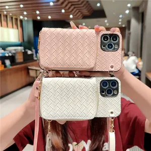 Crossbody Woven Folio Zipper Vogue Phone Case pour iPhone 14 13 12 11 Pro Max Samsung Galaxy S22 Ultra S23 S21 A23 S23FE A34 A54 5G Multiple Card Slots Wallet Chain Shell