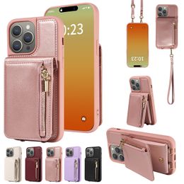 Luxe Crossbody Telefoonhoesje met Rits voor iPhone 15 Plus 14 13 12 11 Pro Max XS Samsung Galaxy S23 Ultra Lanyard Meerdere kaartsleuven Lederen Portemonnee Kettingbeugel Achterkant