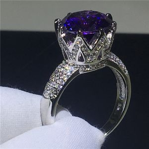 Bague de couronne de luxe coupe ronde 4ct violet 5A Cz pierre 925 en argent Sterling bague de fiançailles de mariage pour les femmes bijoux de doigt