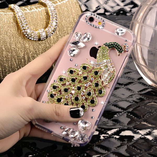 Crystal Luxury 3D Peacock Bling Glitter Diamond Clear TPU PC Fundas para iPhone 13 12 11 Pro Max XR 8 Plus Samsung S21 FE S22 Ultra A13 A23 A33 A53 A12 A52 A72 A22 A32