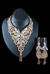 Bijoux de mariée en perles de cristal de luxe, couleur africaine, collier de mariée exagéré, ensemble de boucles d'oreilles en alliage, bon marché, 2020, 9013321