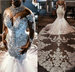 Luxe Cristal Perlé Sirène Robes De Mariée Bijou Cou Cathédrale Train Dentelle Applique Manches Longues De Mariage Robe De Mariée Robe De Novia