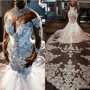 Robes de mariée sirène de luxe en perles de cristal avec manches longues en dentelle Appliqued col haut col haut mariage sud-africain sur la plage Br243m