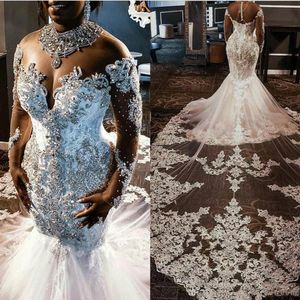 Robes de mariée sirène de luxe en perles de cristal avec manches longues en dentelle Appliqued col haut col haut mariage sud-africain sur la plage Br240h