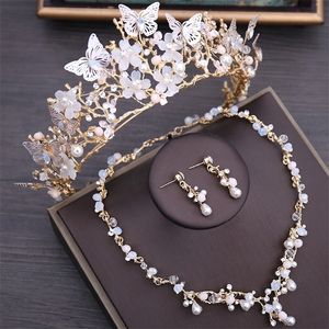 Luxe kristallen kralen parel vlinder kostuum sieraden sets bloemen choker ketting oorbellen tiara bruiloft set 220812